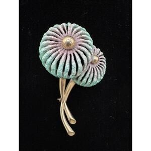 Vintage Enameled Teal and Purple Gold Tone Flower Brooch